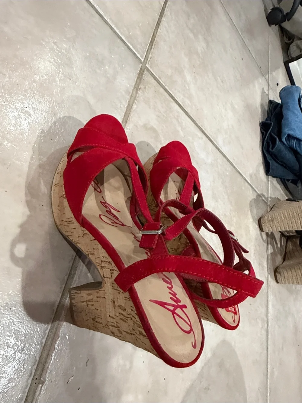 American rag Red Suede T-Strap Wedge Sandals size 7.5 @@@